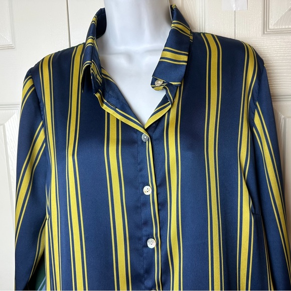 ALEMBIKA Satin Striped Blouse Tunic Top Shirt Emerald Green Blue Chartreuse - Picture 3 of 14